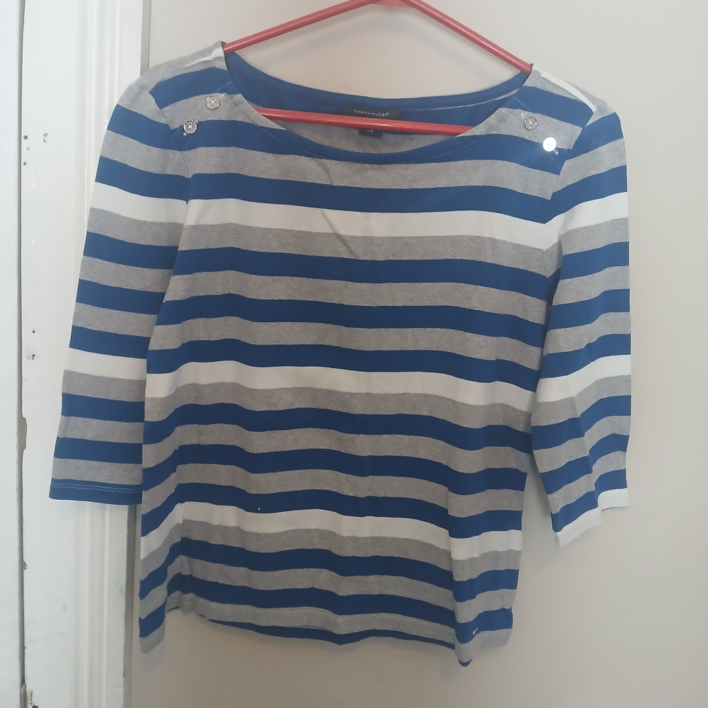 Tommy Hilfiger Blue And Grey Striped Cropped Sleeve Top